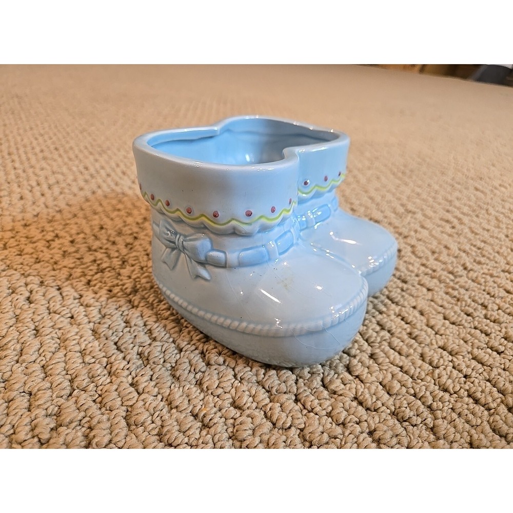 Vintage Napco Ceramic Planter Baby Booties Blue‎ With Bow